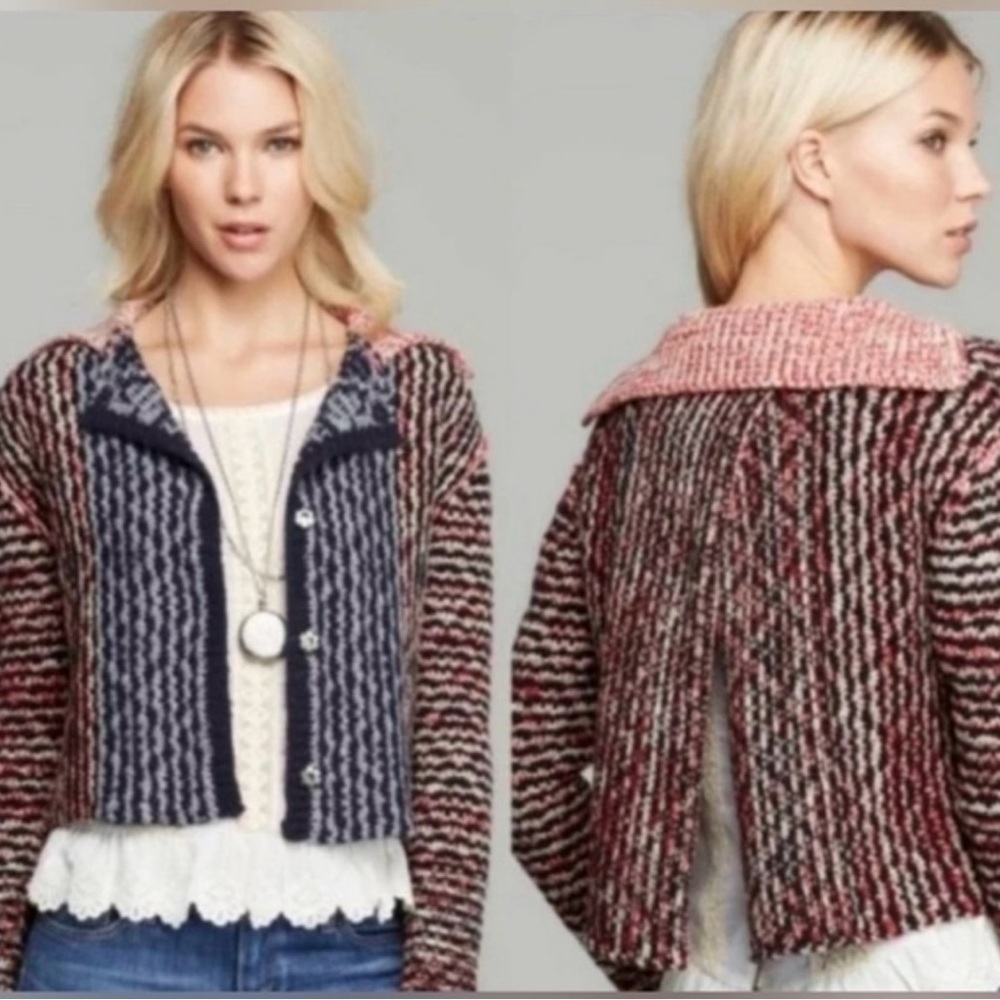 Free People Mixed Knit Wool Blend Cropped SweaterSz Small Open Back Snap Front - Picture 2 of 14
